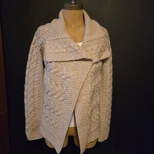 Aran Crafts Merino asymmetrical sweater cardigan in a natural stone color small